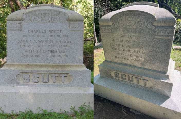 This was a very large family headstone that required a deep cleaning and ground beautification treatment over multiple visits to get it where it is now.