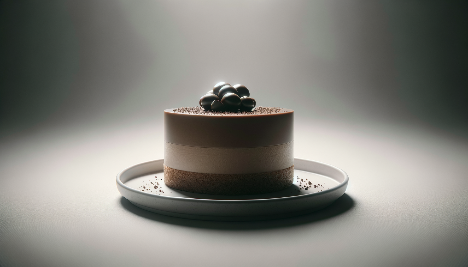 A layered chocolate mousse cake topped with chocolate spheres on a white plate, set against a neutral background.