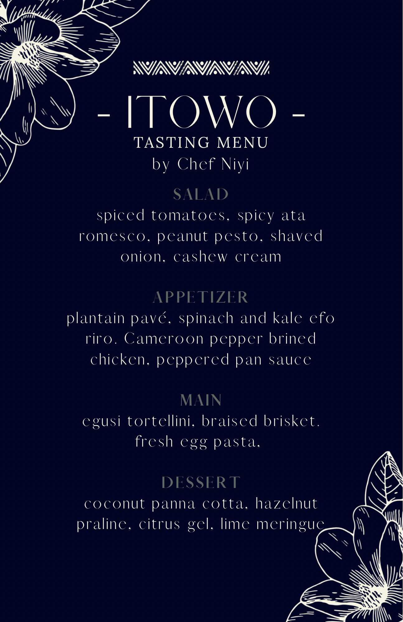 Tasting menu for Itowo by Chef Niy featuring salad, appetizer, main course, and dessert with floral decorative elements.