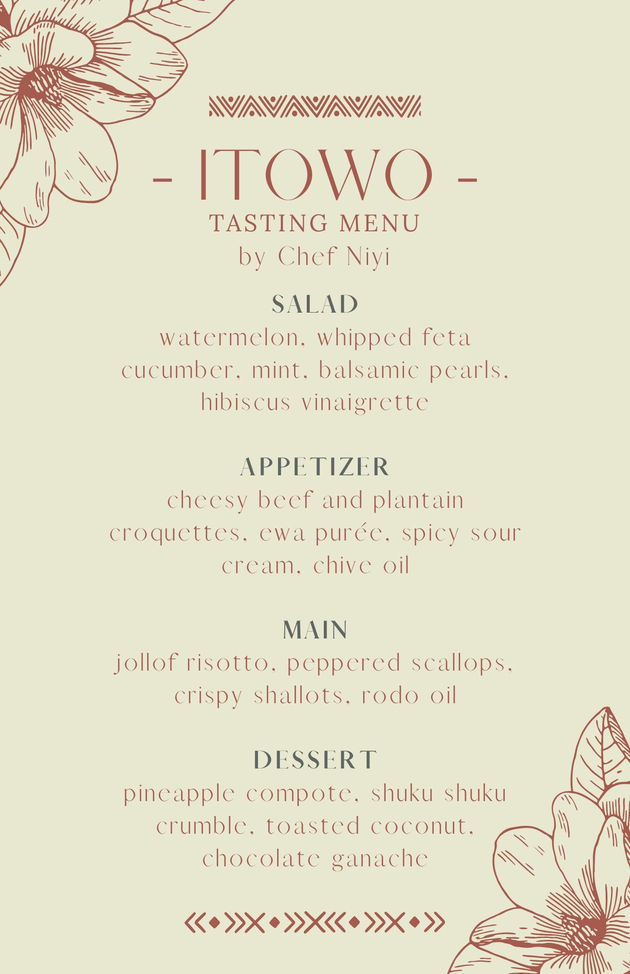 Restaurant tasting menu with floral decorations featuring salads, appetizers, main courses, and desserts in elegant text format.