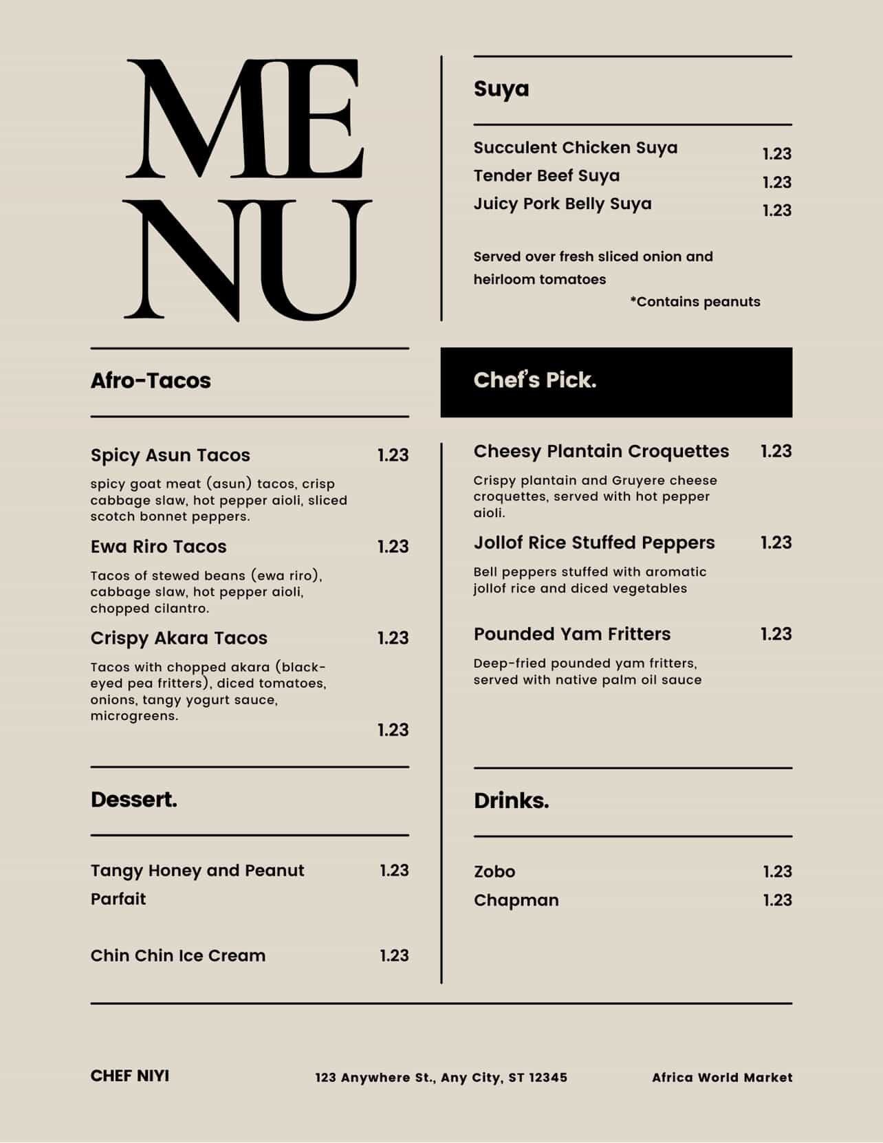 Restaurant menu with sections for Suya, Afro-Tacos, Desserts, Chef's Picks, and Drinks, featuring dishes such as Suya, Spicy Asun Tacos, Cheesy Plantain Croquettes, and Pounded Yam Fritters.