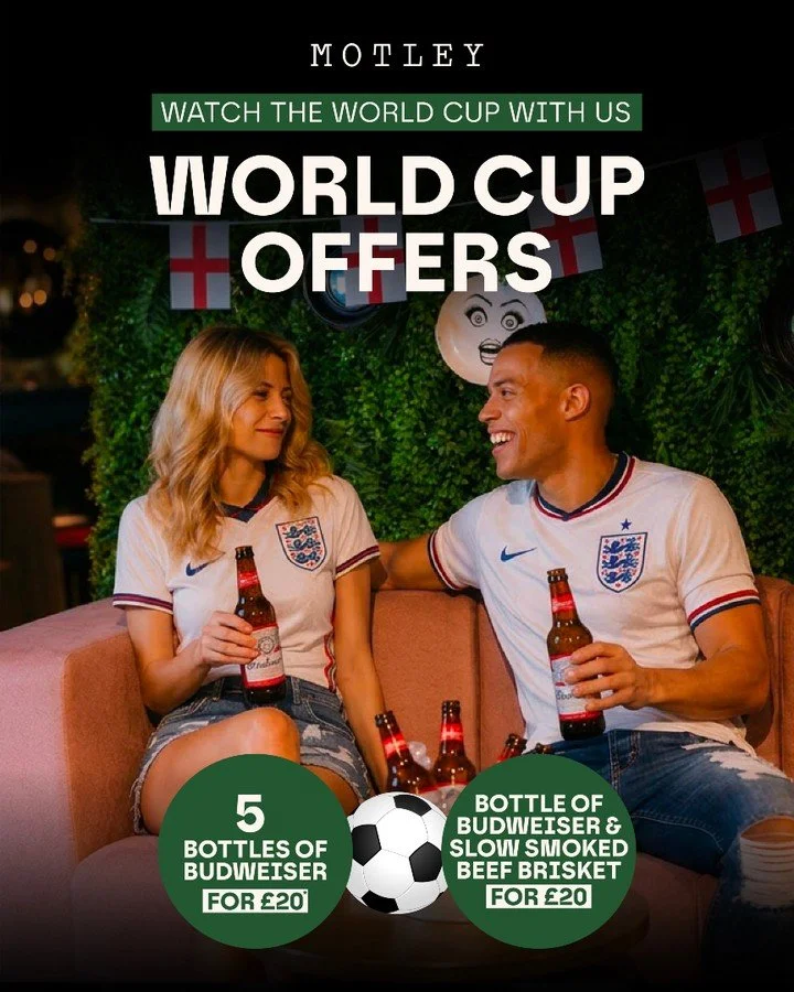 Proper food. Cold beer. Pure World Cup vibes. ⚽️

Watch the World Cup at Motley this summer and tuck into Slow Smoked Brisket + Budweiser for &pound;20, or grab a Beer Bucket (5 bottles) for &pound;20. 

Walk-ins only, so get here early. 🏆
