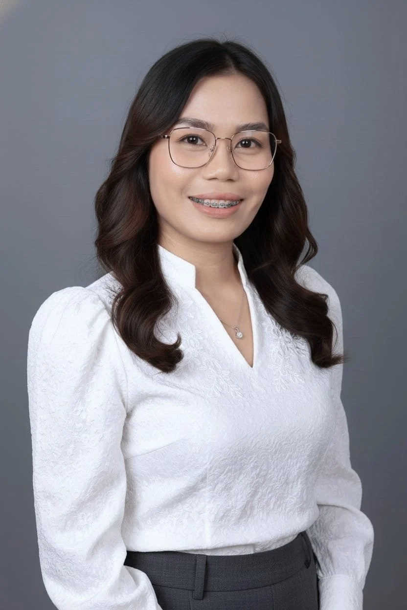 Portrait of a young woman with long hair, wearing a black pinstripe blazer and a blue shirt, smiling at the camera.