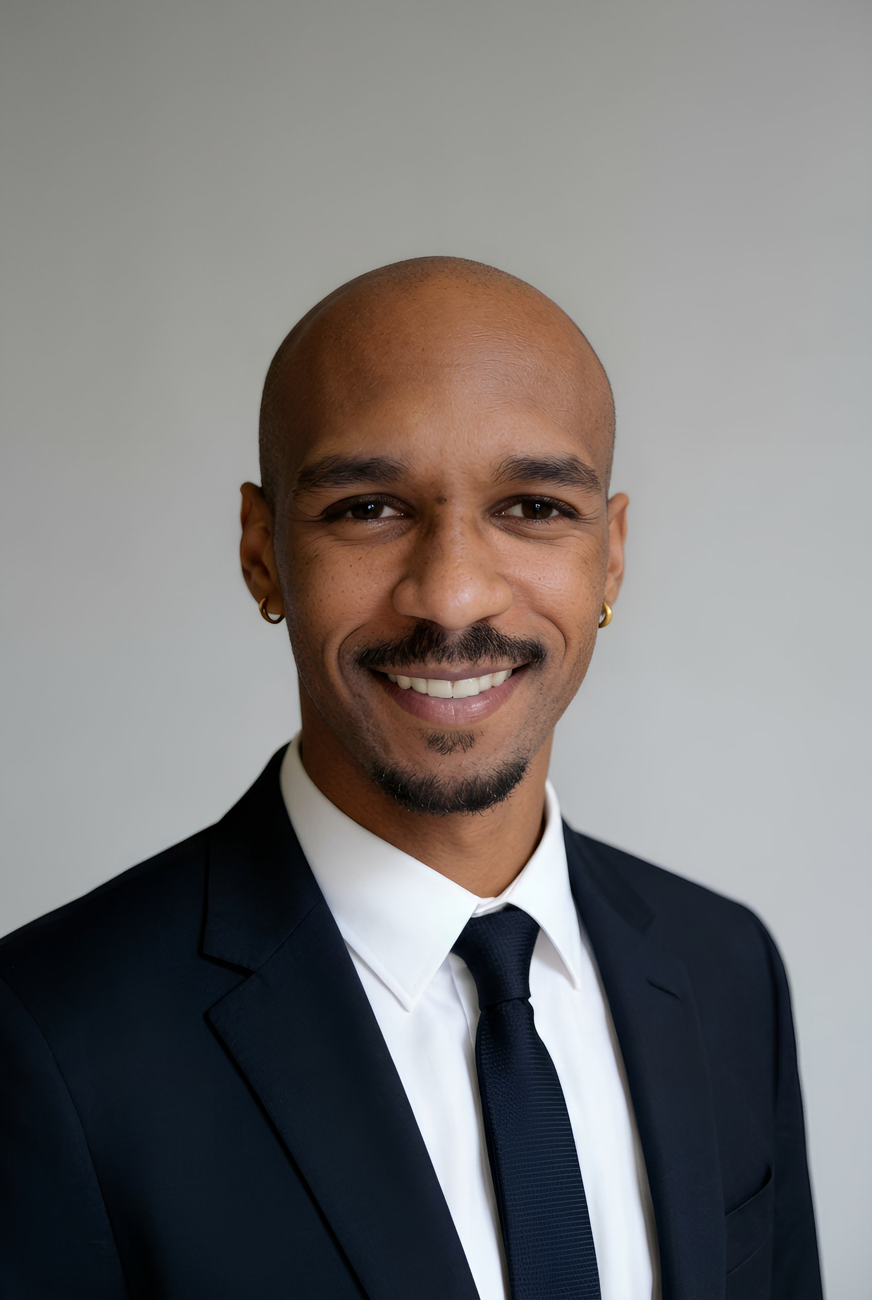 Headshot of a smiling man wearing a black suit, white shirt, and black tie, with gold hoop earrings and a thin mustache and goatee, against a plain light gray background.