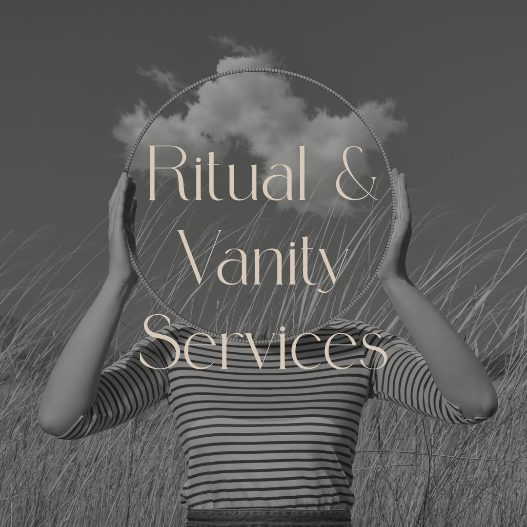 A person in a striped shirt holding a round mirror with clouds visible behind it, standing in a field of tall grass. Overlaid text reads "Ritual & Vanity Services."