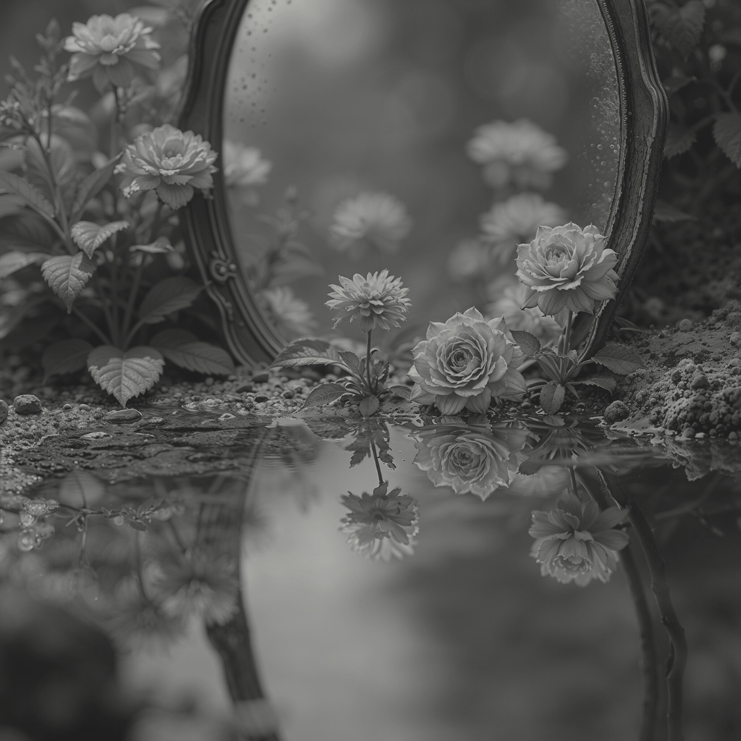 Black and white photograph of flowers and their reflection in a puddle, with an ornate mirror on the ground.