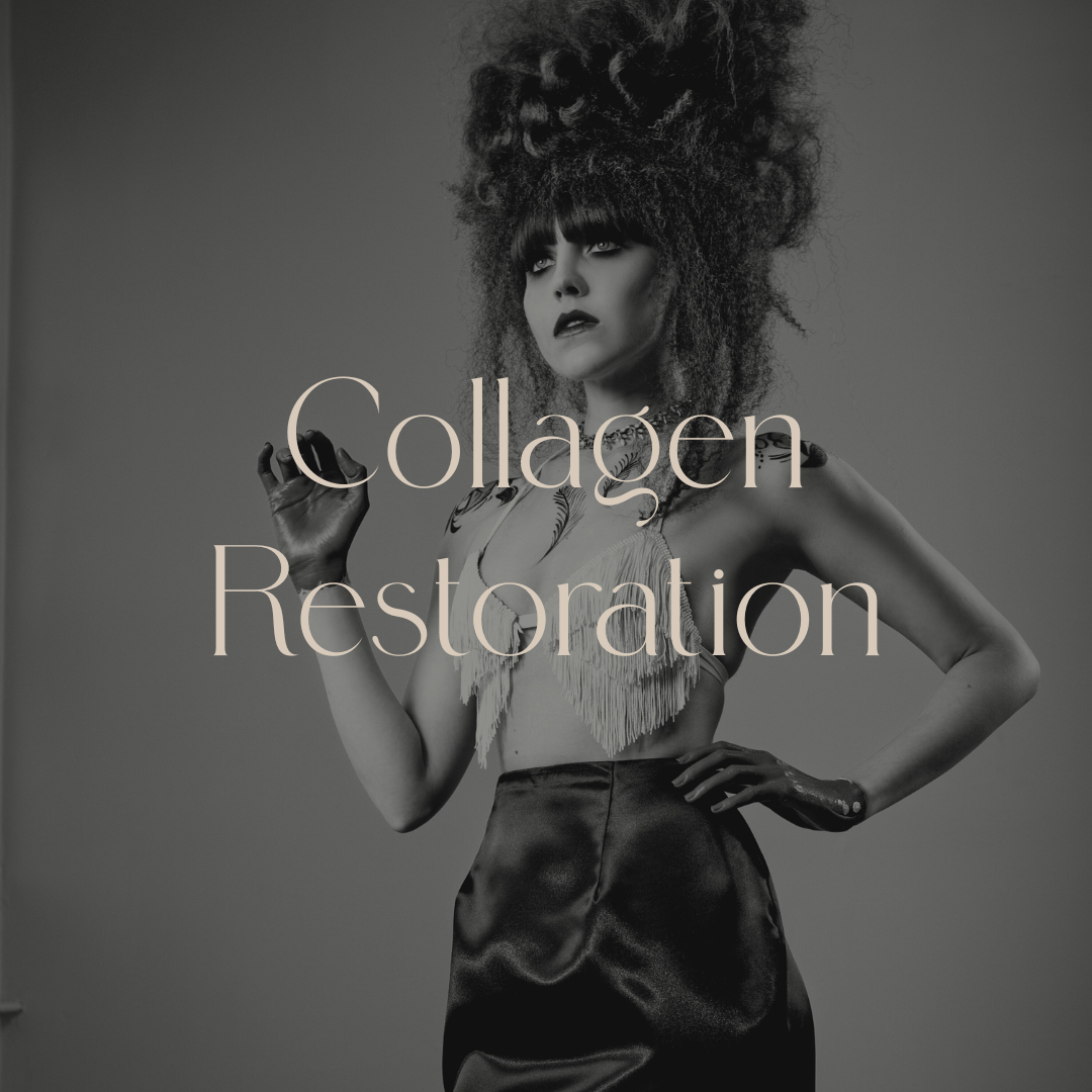 A woman with voluminous curly hair styled high, wearing a fringed top and shiny satin skirt, with dark lipstick and eye makeup, standing against a plain background with the words 'Collagen Restoration' overlaid.