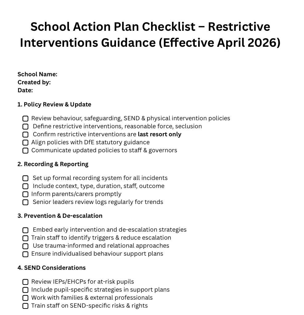 School Action Plan Checklist – Restrictive Interventions Guidance