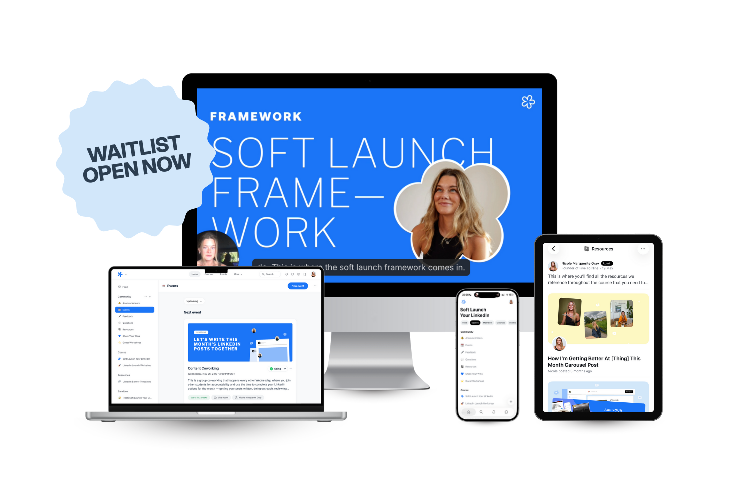 Digital devices displaying a soft launch framework, including a desktop monitor, laptop, smartphone, and tablet, with a blue background and a woman speaking.