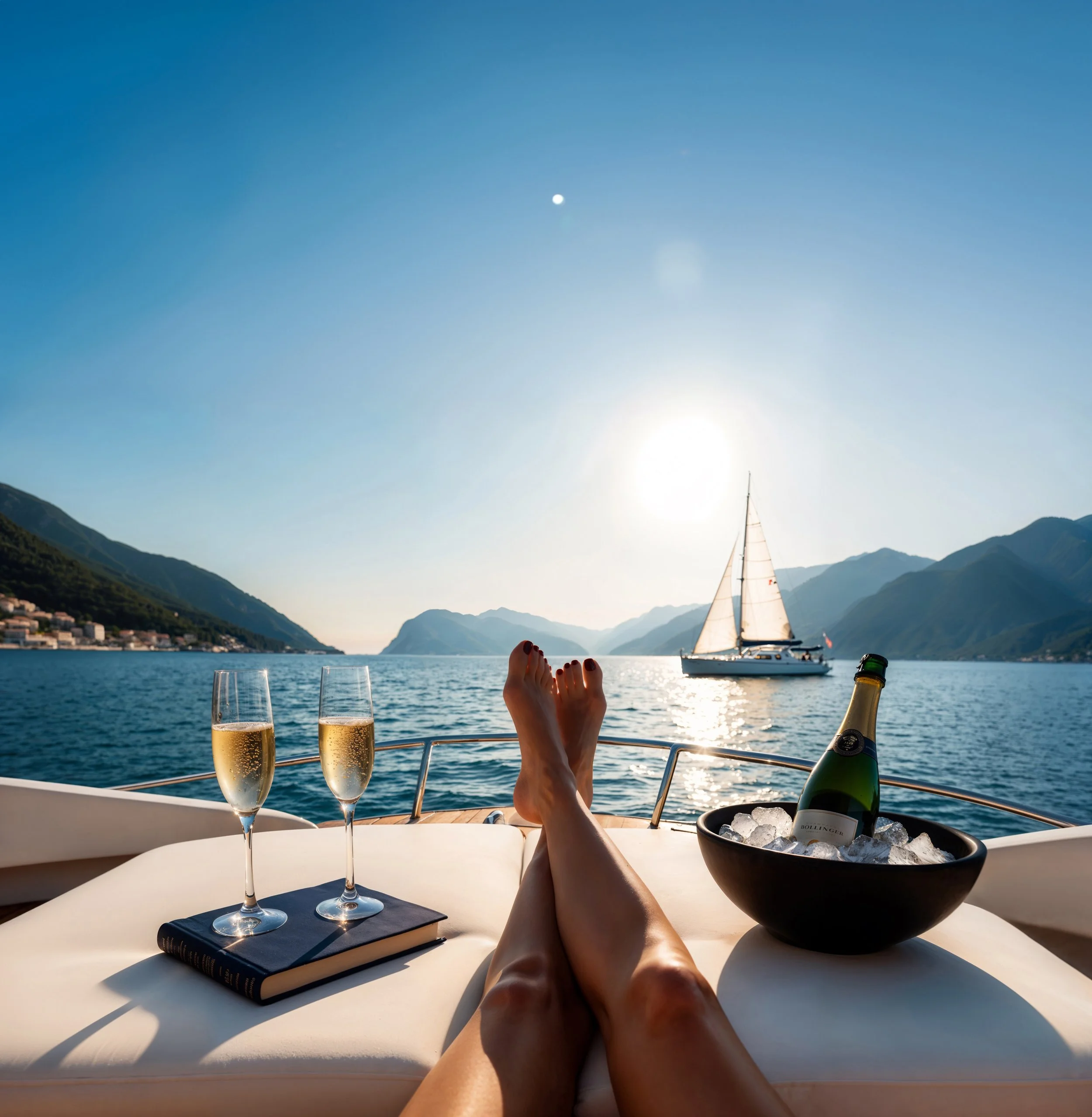 Person relaxing on a yacht with legs crossed, two glasses of champagne, a bottle in ice, a book, and a sailboat on calm water with mountains in the background during sunset.