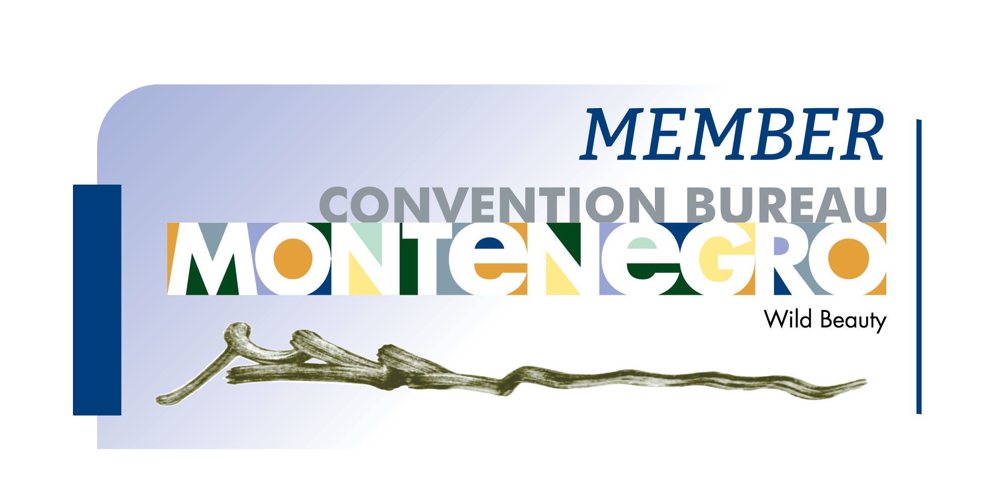 Logo for the Montenegrin Congress of the Convention Bureau, featuring a stylized tree branch illustration, colorful text spelling 'Montenegro', and the phrases 'Member', 'Convention Bureau', and 'Wild Beauty'.