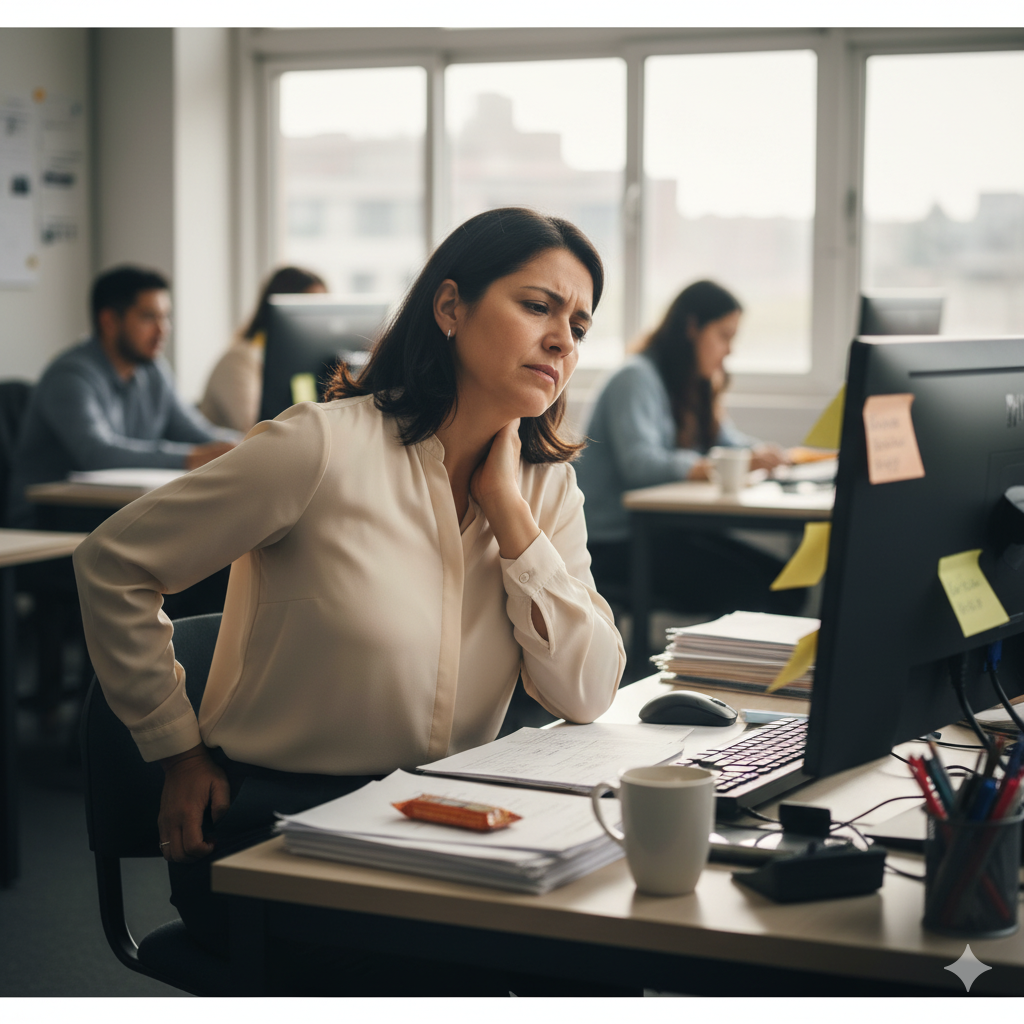 Una mujer en una oficina, parece estar preocupada o confundida mientras mira la pantalla de su computadora. Está rodeada de papeles, una taza y otros objetos de oficina.