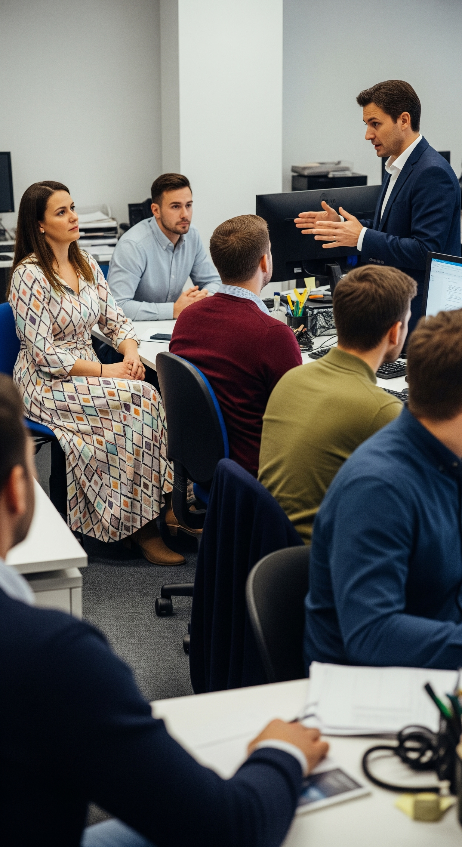 Hombre de traje azul dando una presentación a un grupo de cinco personas en una sala de conferencias, con algunas personas tomando notas y una mujer vestida con vestido de estampado geométrico