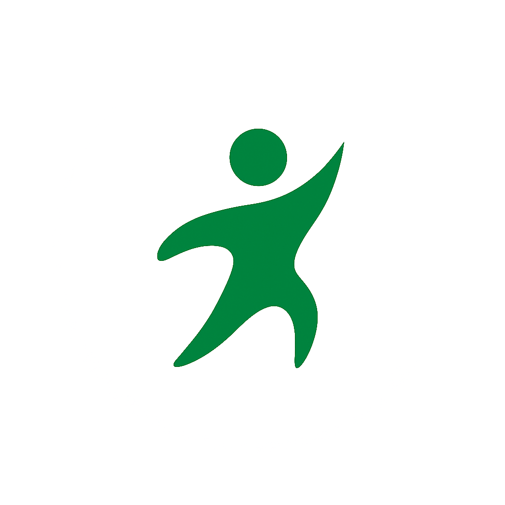 Logo verde de figura humana con brazo levantado en fondo blanco y negro.