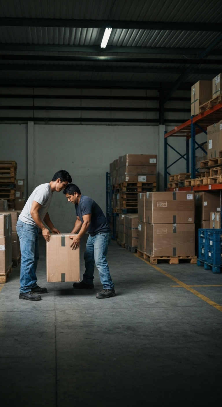 Dos hombres levantando y moviendo una caja en un almacén, rodeados de estanterías con palets y cajas apiladas.