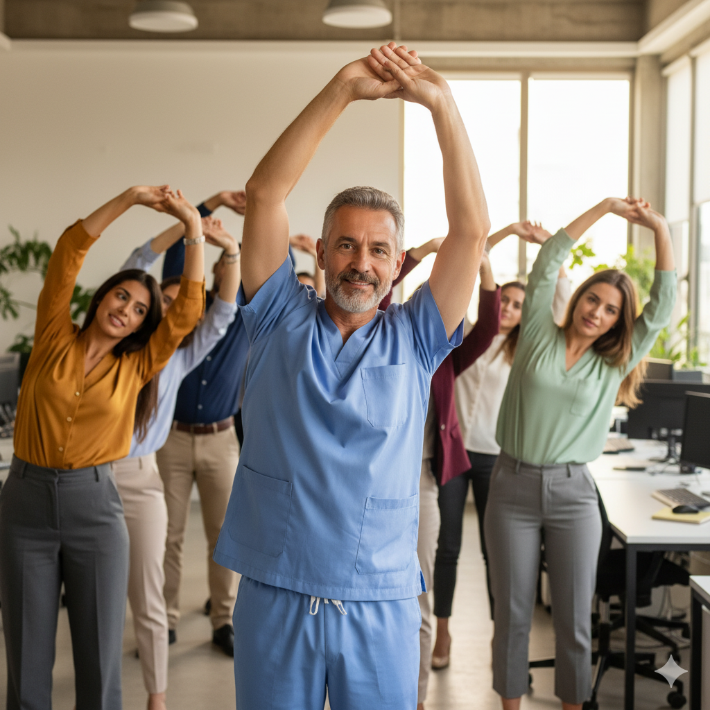 Grupo de profesionales en una oficina haciendo estiramientos, con un hombre en primer plano que lleva uniforme médico o de enfermería.