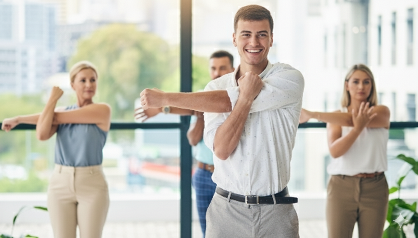 Pausa Activa. Grupo de personas haciendo un estiramiento juntos en una sala con ventanas grandes.