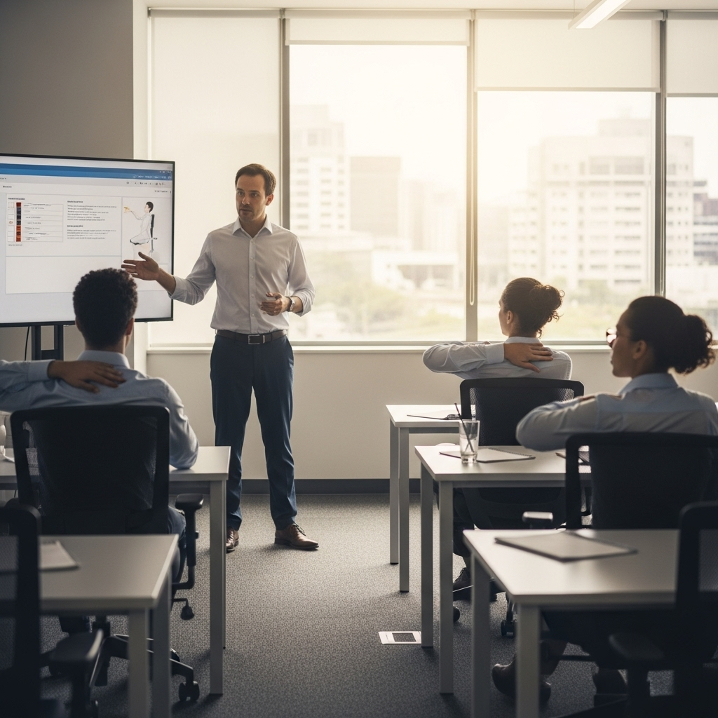 Un hombre dando una presentación a cuatro personas en una sala de juntas con ventanas de fondo que muestran edificios urbanos y luz de sol.