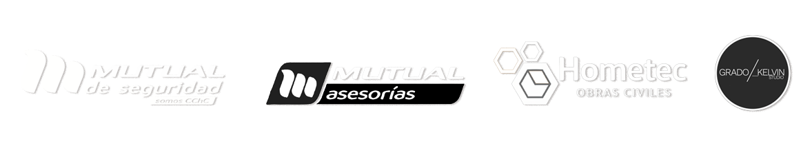 Logos de varias empresas de seguros y obras civiles, incluyendo Mutual de Seguridad, Mutual Asesorías, Hometec Obras Civiles y Grado Kelvin Studio.