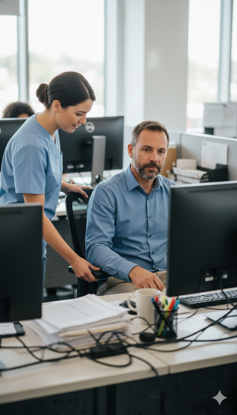 Un hombre sentado frente a una computadora en una oficina, con una mujer de uniforme médico de pie a su lado ayudándole con algo.