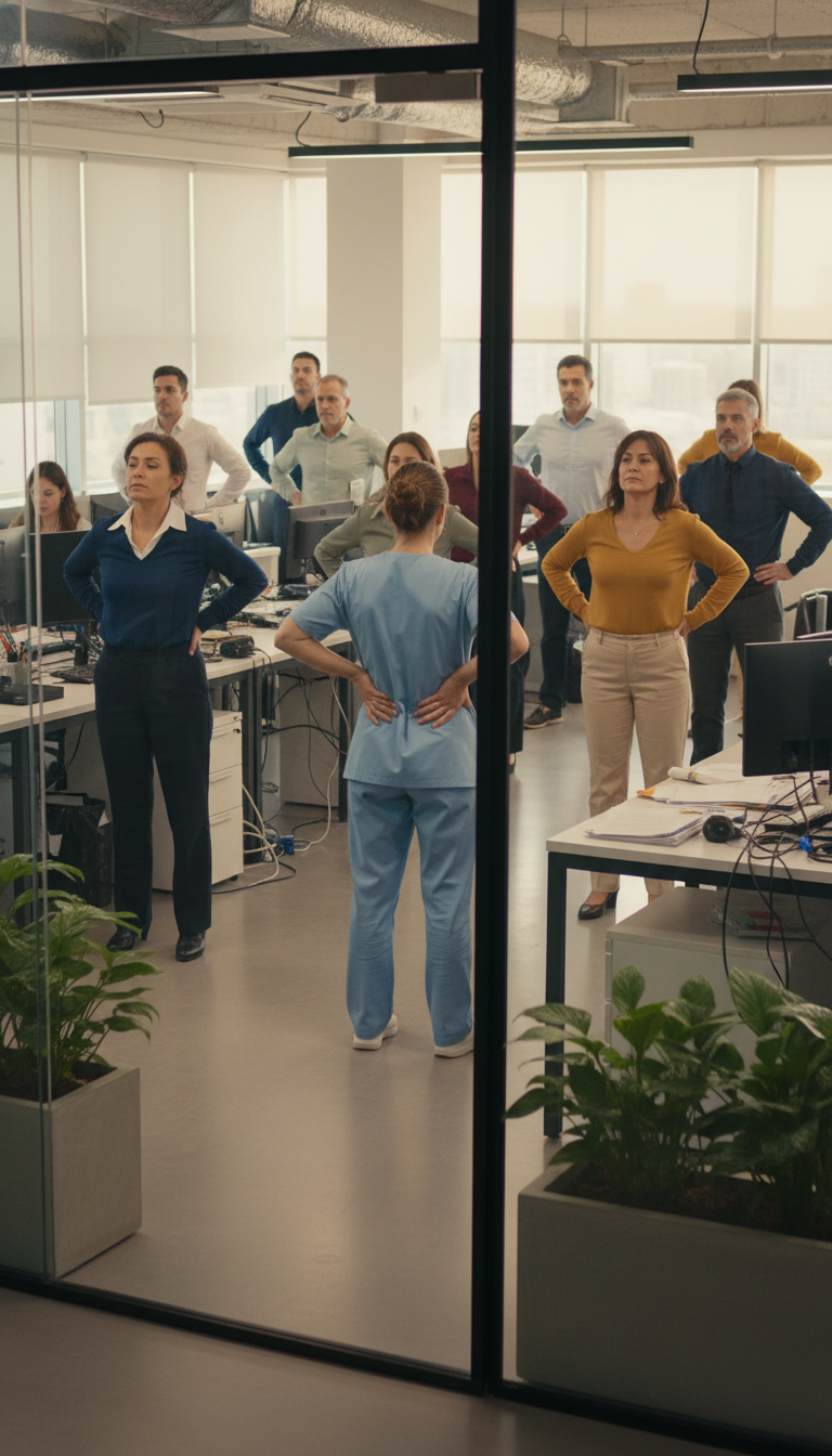 Grupo de empleados en una sala de reuniones de oficina, algunos de pie y algunos sentados, la gerente en el centro parece dar instrucciones