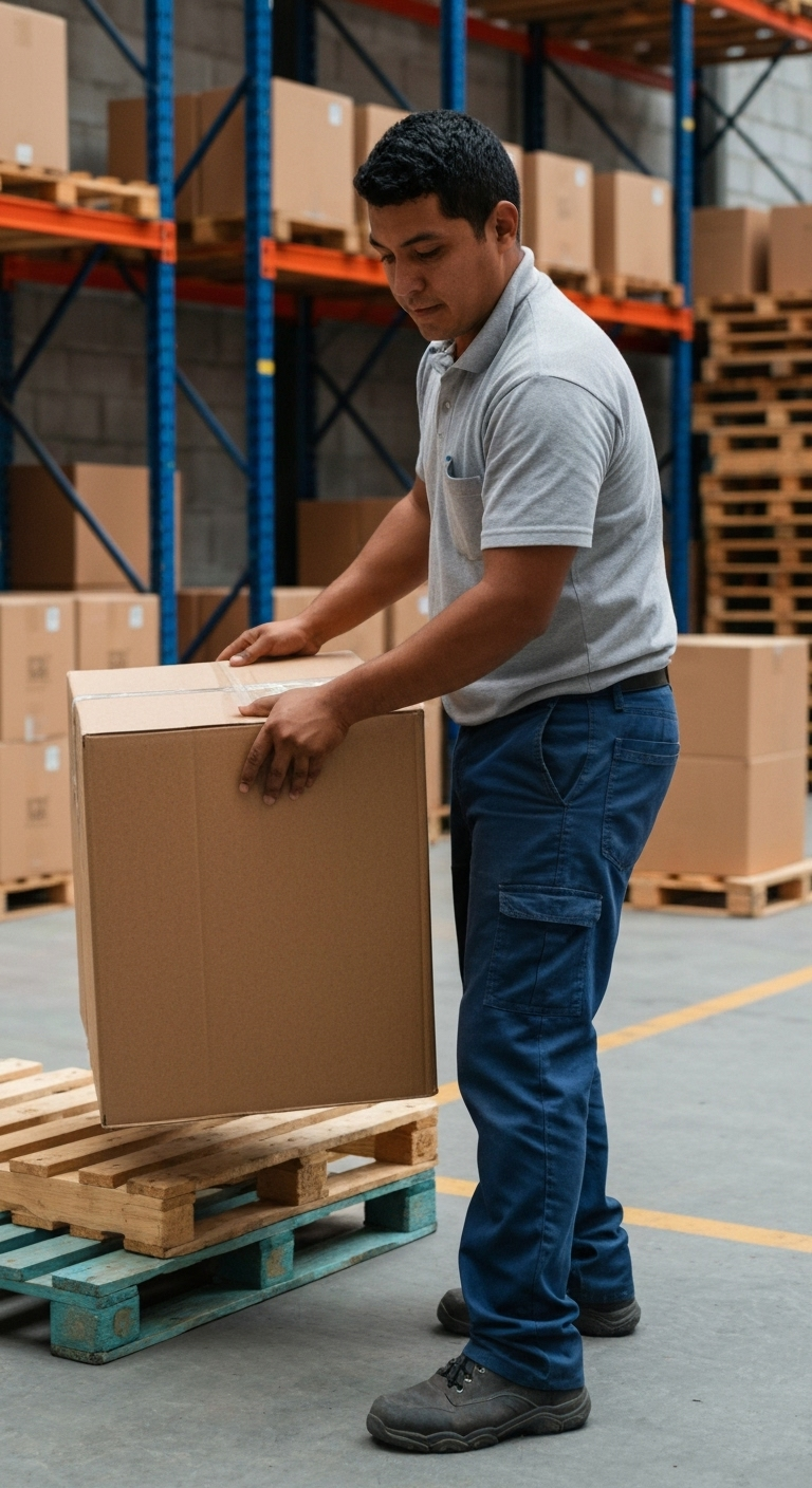 Hombre colocando una caja de cartón en un palé en un almacén.