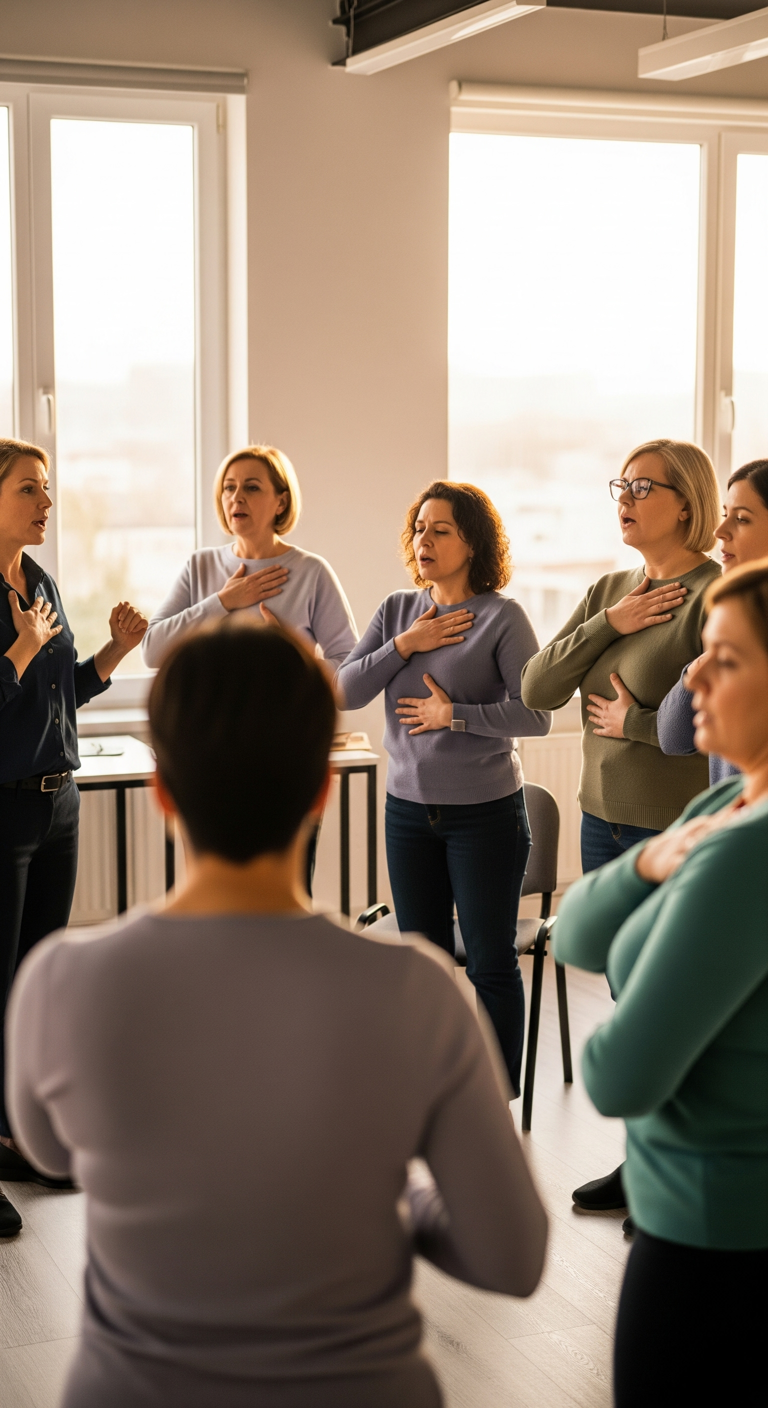 Grupo de mujeres participando en una actividad de canto o resonancia, con algunas colocando la mano en el pecho y otras en la garganta, en una habitación con luz natural.