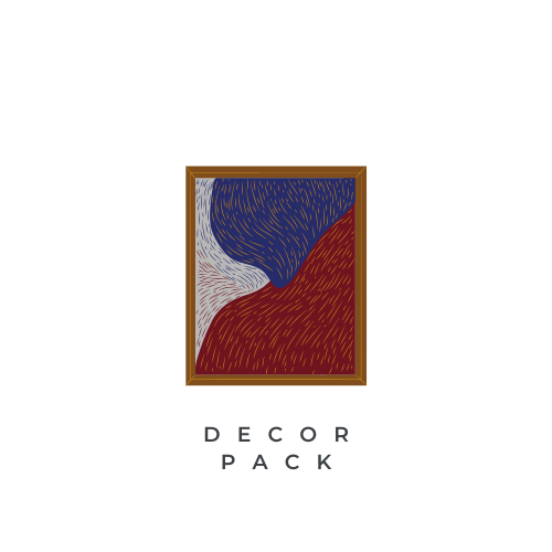 Abstract framed artwork with blue, white, and red flowing patterns, and the text 'Decor Pack' underneath.