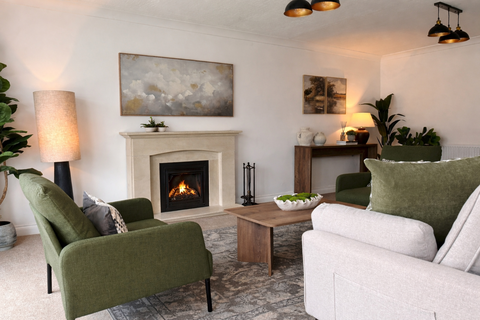 Traditional limestone fireplace with roaring fire.png