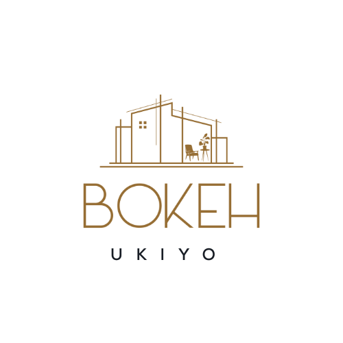 Logo of Bokeh Ukiyo featuring a minimalist line drawing of a modern building and interior with a table and chairs.