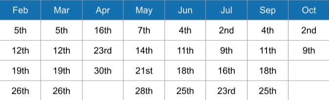 A table displaying dates for a calendar year from February to October, with each month showing specific days and dates.
