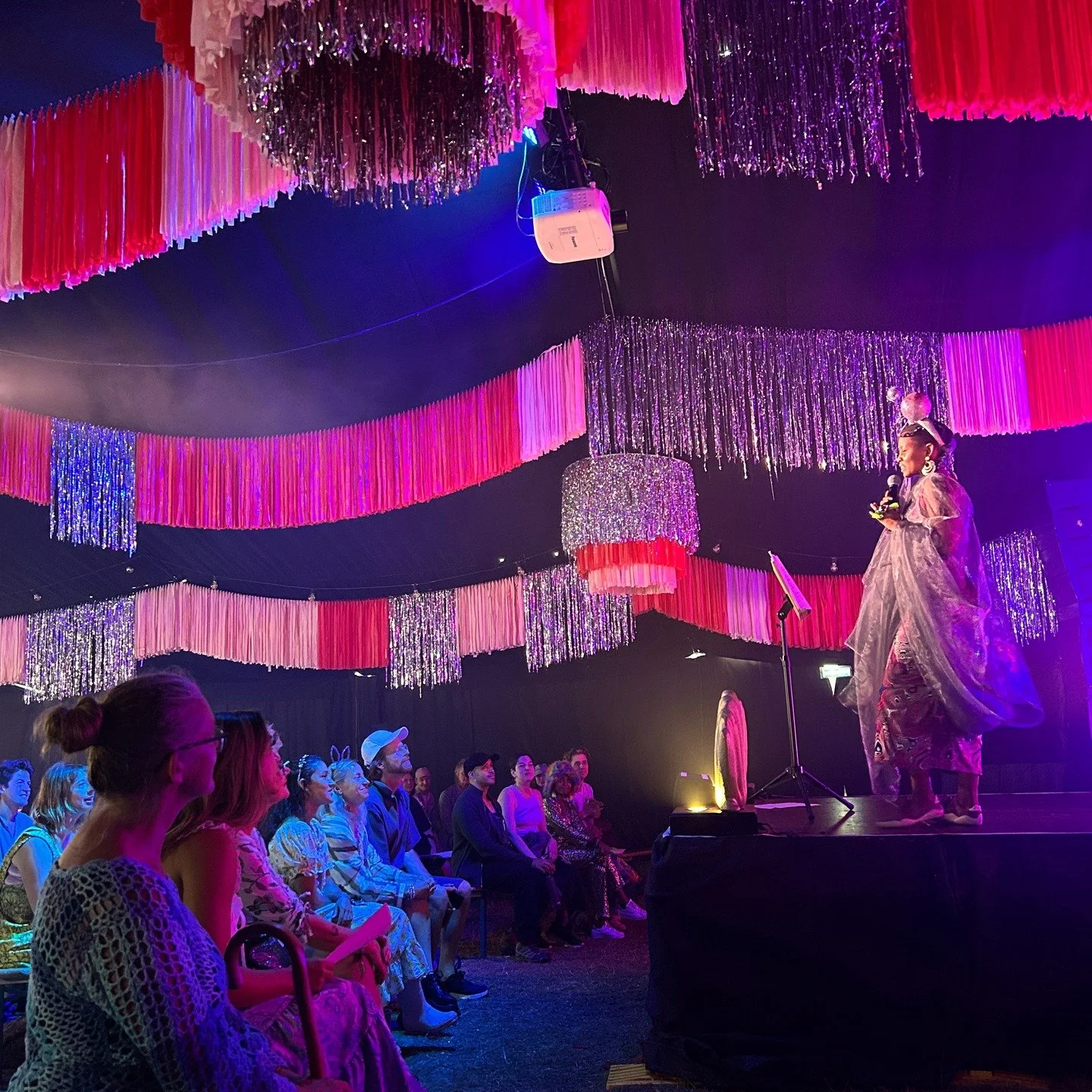 This look was inspired by the idea of &lsquo;oneness&rsquo; and a mood-board from @mysticmoyo 

I created a psychedelic pink dress, visible through a high-impact silver organza cape that moved and shimmered with Sam. The headpiece sees an off-centre 