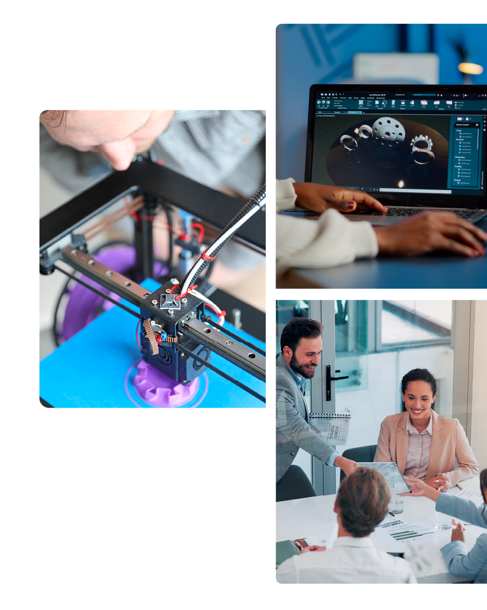 Collage of three images showing 3D printing, 3D design software on a laptop, and a business meeting with a woman receiving a certificate.