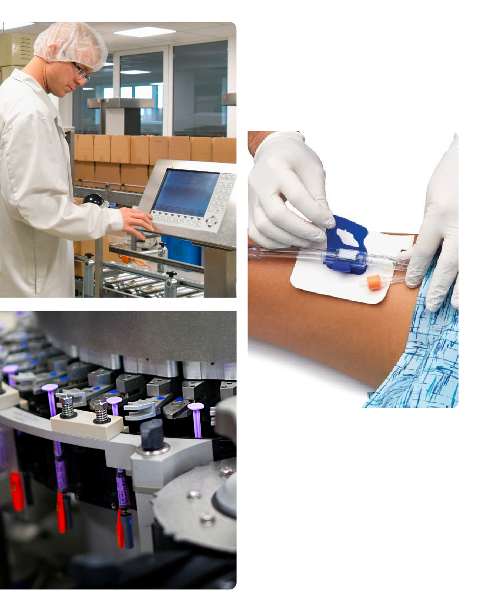 Multiple images of a laboratory or pharmaceutical manufacturing setting, including a worker using a computer, a close-up of a needle being prepared for injection, and machinery used in processing or packaging medication.