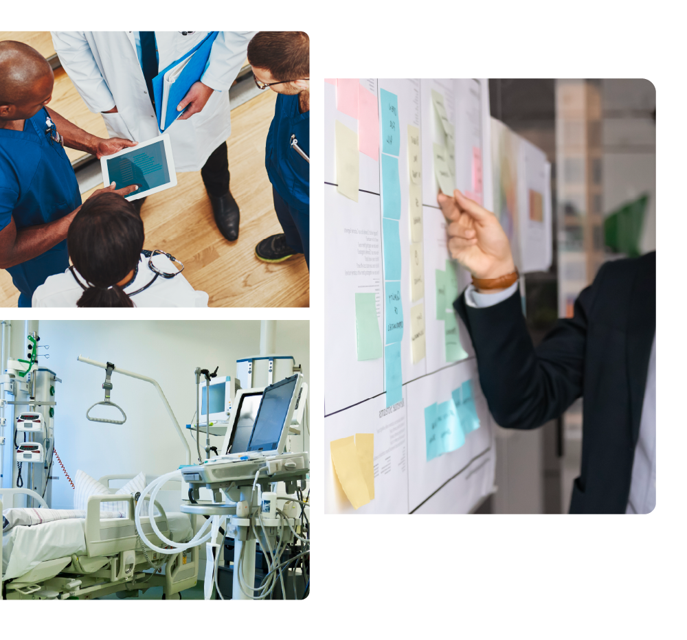 Collage of three images: medical professionals in a consultation room, a doctor pointing at a whiteboard with sticky notes, and a hospital emergency room with medical equipment and a hospital bed.