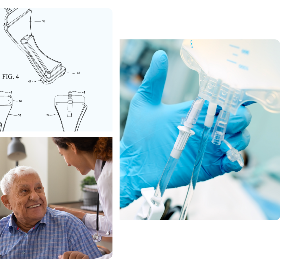 A medical illustration of a continuous glucose monitor device, a healthcare professional in a blue ton gloves preparing a syringe, and a senior man smiling while talking to a nurse with a stethoscope in a clinical setting.