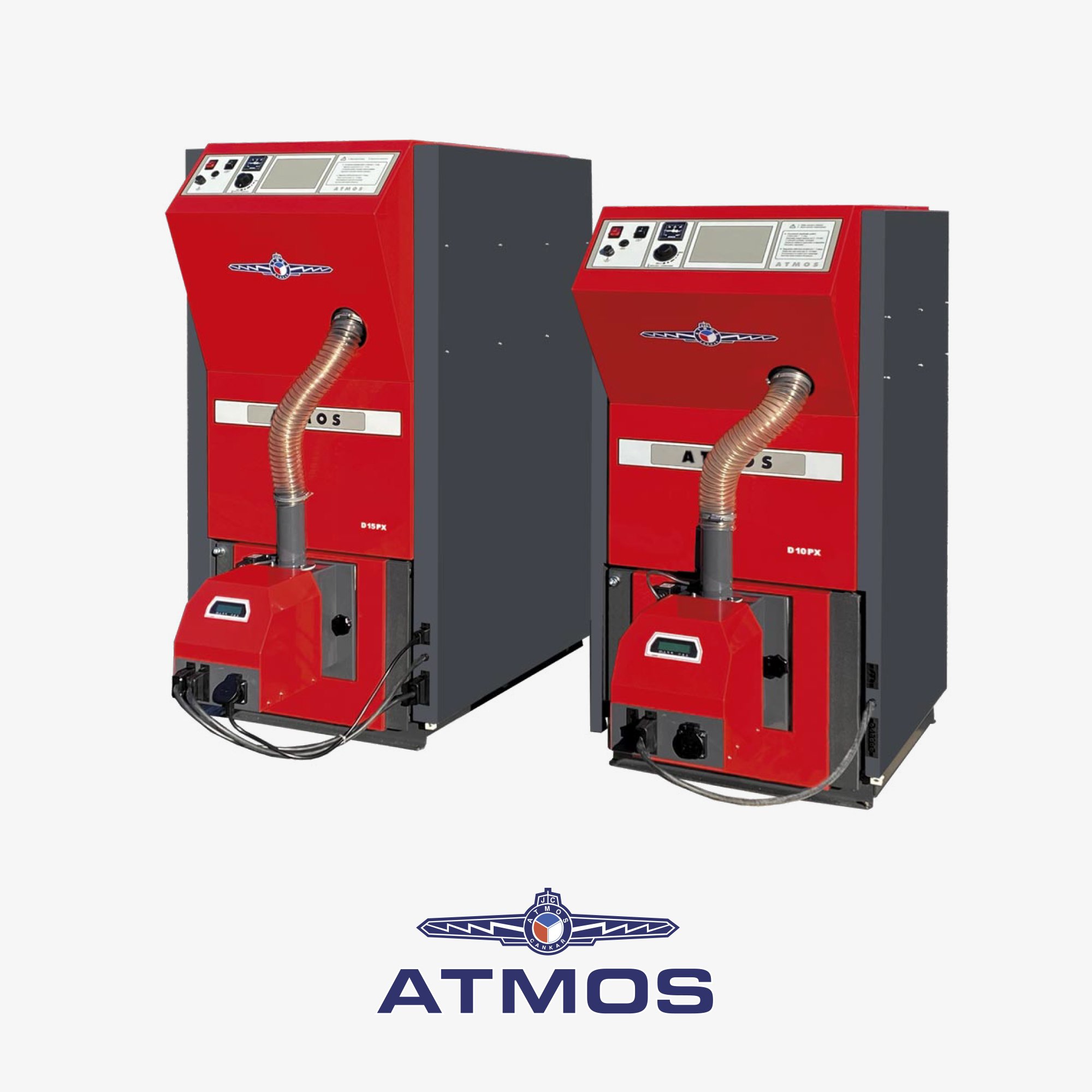 Two red industrial smoking machines with flexible hoses and control panels, labeled ATMOS, with large logo and text 'ATMOS' below.
