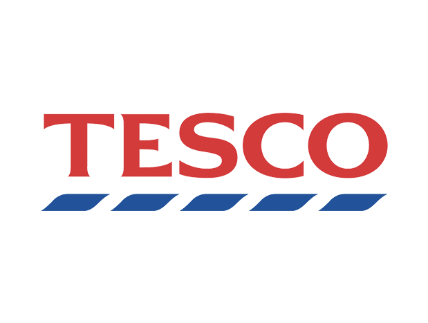 Tesco logo with red text and blue underline design.