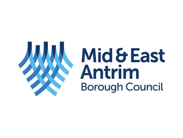 Logo of Mid & East Antrim Borough Council featuring a stylized shield with blue and white stripes and the council's name.