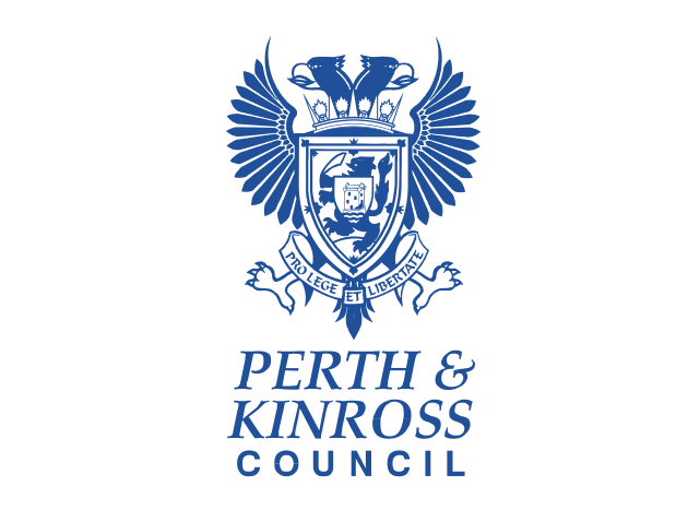 The logo of Perth & Kinross Council featuring a crest with a shield, crossed spears, and a banner with the motto 'Prolege et Libertate'.