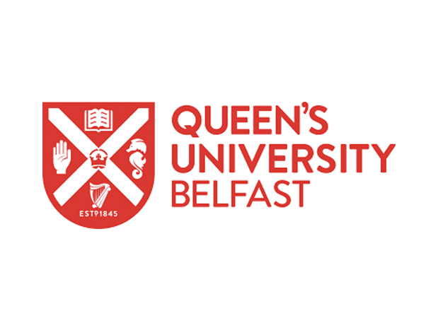 Queen's University Belfast logo with a red shield featuring symbols and the text 'Queen's University Belfast' in red.