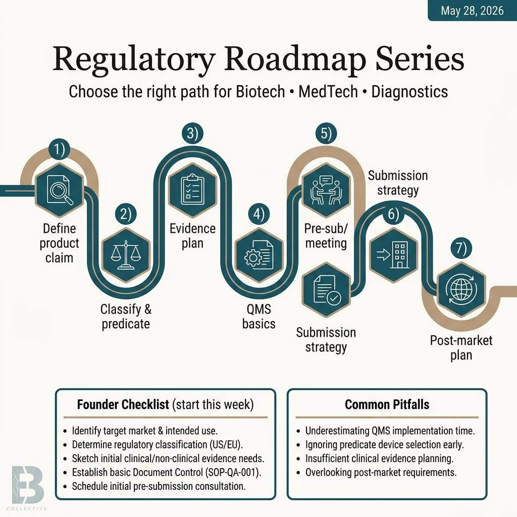 Most founders pick the wrong regulatory path first.

It's not a lack of science. It's not knowing where to start.

We built this roadmap for biotech, medtech, and diagnostics founders who are navigating FDA requirements without a full team behind the