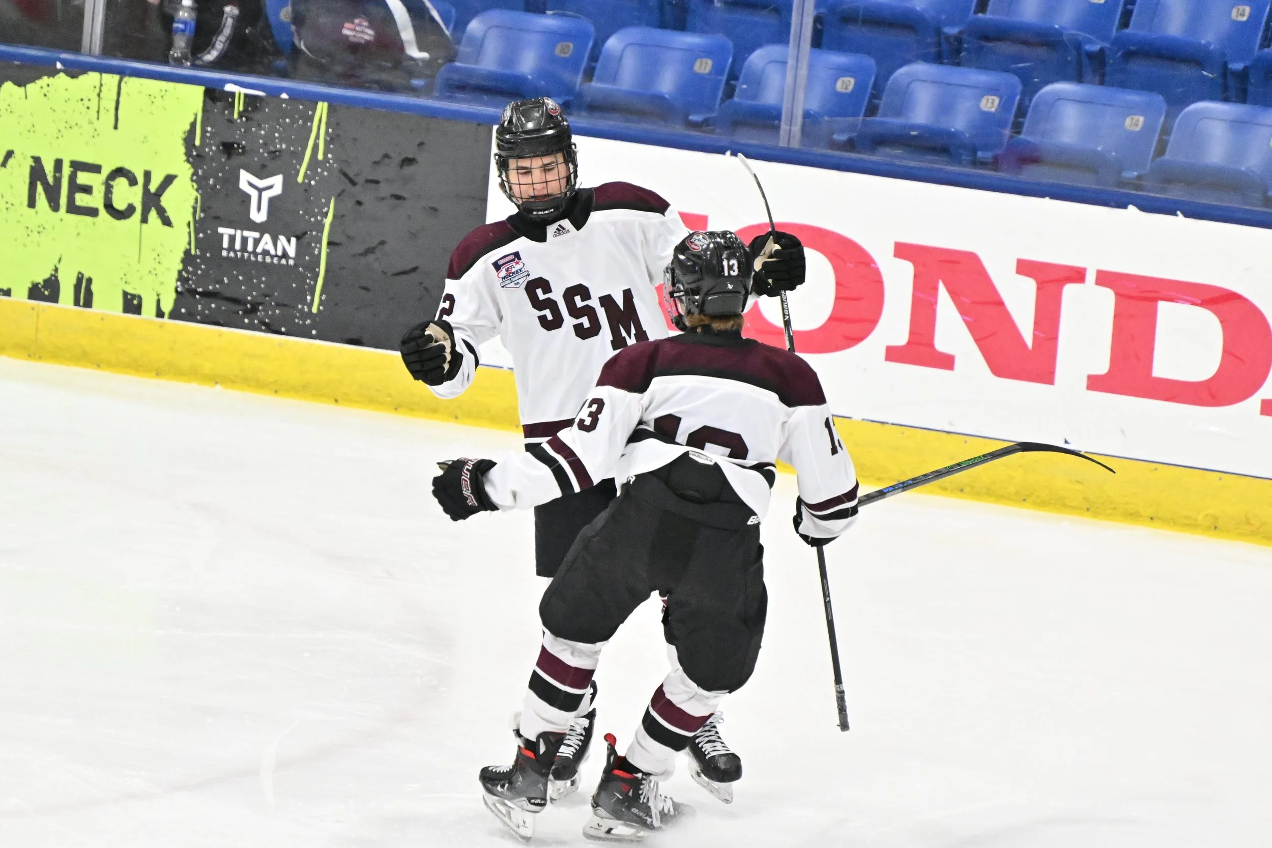 Two hockey players from the same team celebrating on ice, one is standing and the other is kneeling, wearing black and white jerseys, helmets, and skates, with an arena seating background and advertisements on the boards.