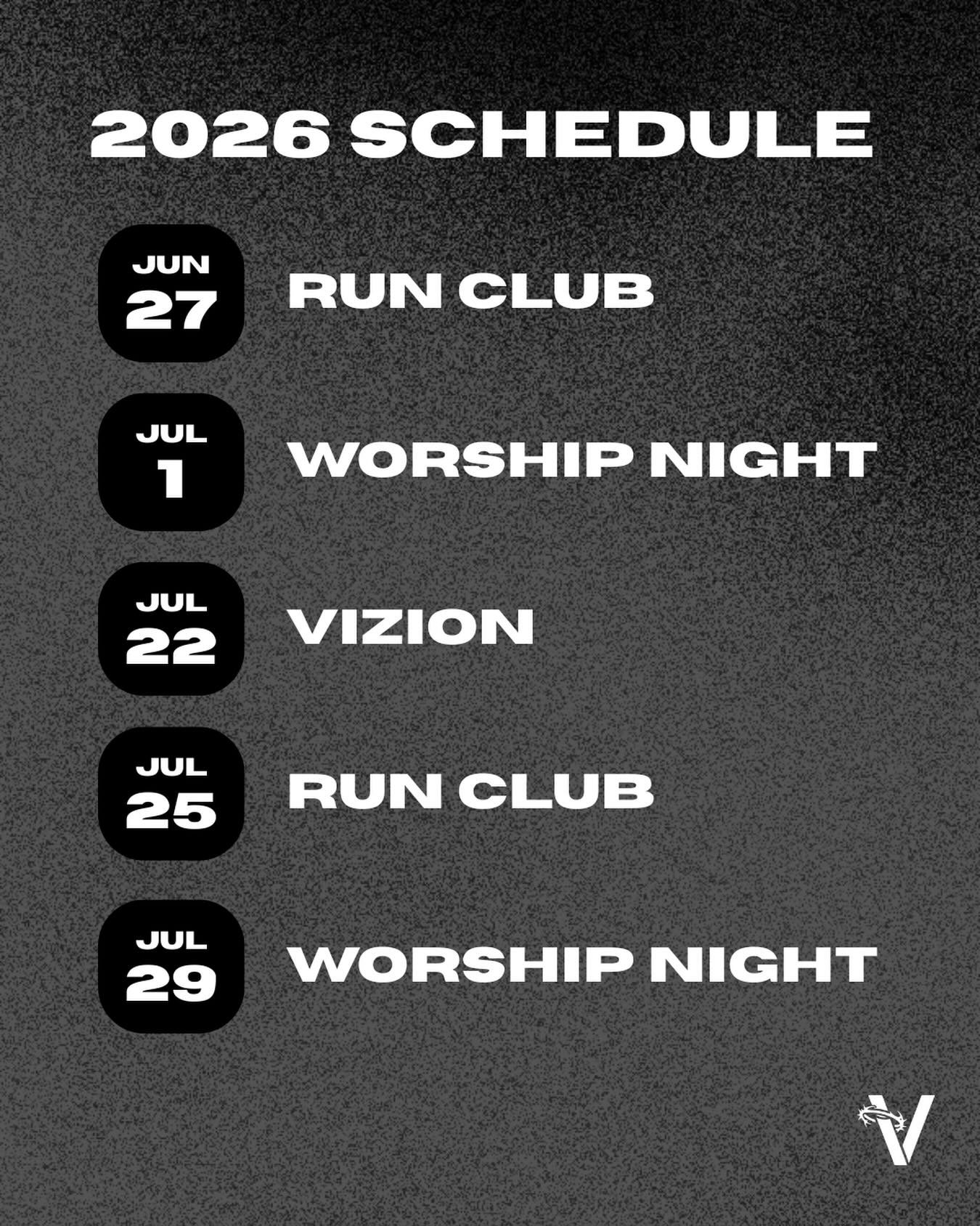 VIZION SCHEDULE SUMMER 2026!

Summer might be moving fast, but we aren&rsquo;t even close to the finish line 😎 We are excited &amp; expectant of what the Lord will continue to do!

WE LOVE YOU GUYS!