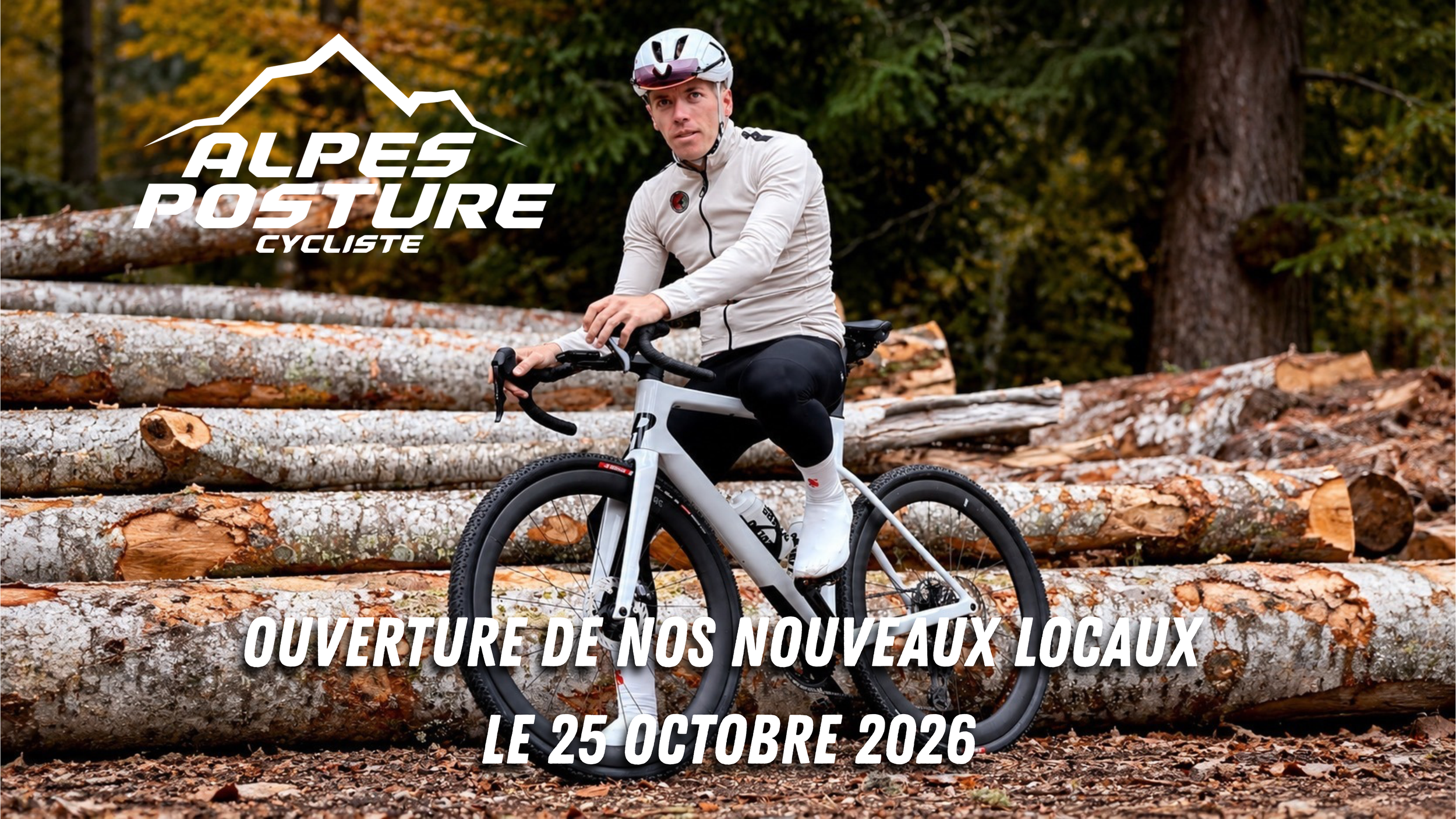 Un homme en tenue de cycliste casque sur la tête, montant sur un vélo dans une forêt avec des troncs d'arbres au sol, promotion pour l'ouverture de nouveaux locaux le 25 octobre 2026.