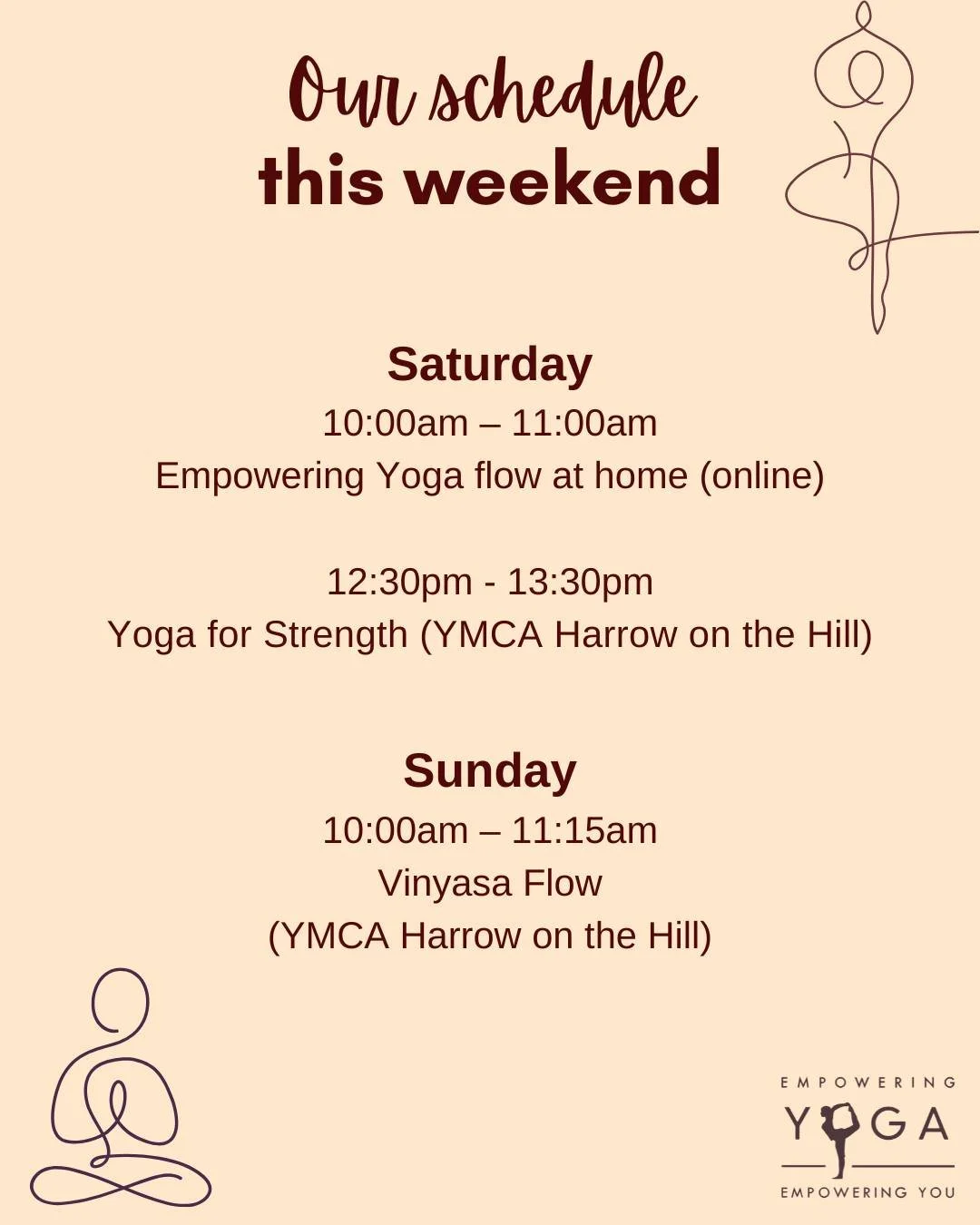 Here's our weekend schedule Empowering Yogis!

I'll be online soon with my Vinyasa Flow class; a mindful practice of Hatha &amp; Vinyasa Yoga with a flowing range of yoga postures and empowering sequences all blended together with the breath. The per