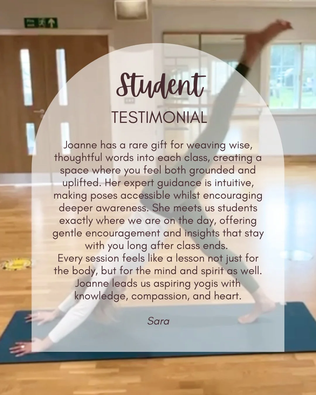 Testimonial Tuesday 🙏

"Joanne has a rare gift for weaving wise, thoughtful words into each class, creating a space where you feel both grounded and uplifted. Her expert guidance is intuitive, making poses accessible whilst encouraging deeper a