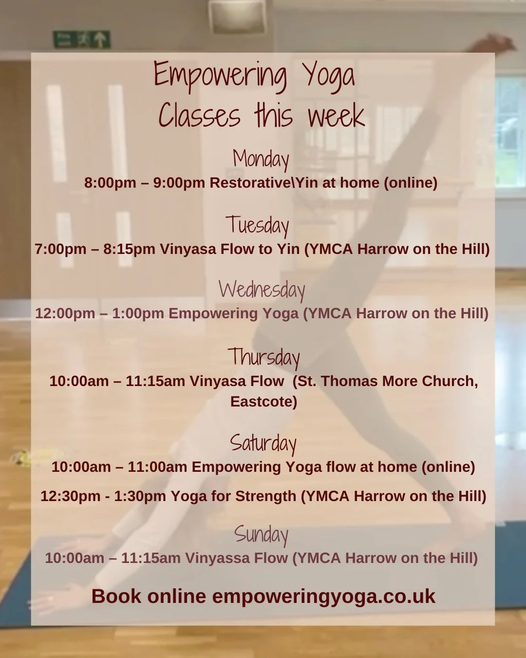 Here's our weekly schedule Empowering Yogis 🙏

Whether you&rsquo;re looking to start your morning with energy, reset during the day, or unwind in the evening, there's a class for you!

Check the schedule below and reserve your space on the mat. Reme