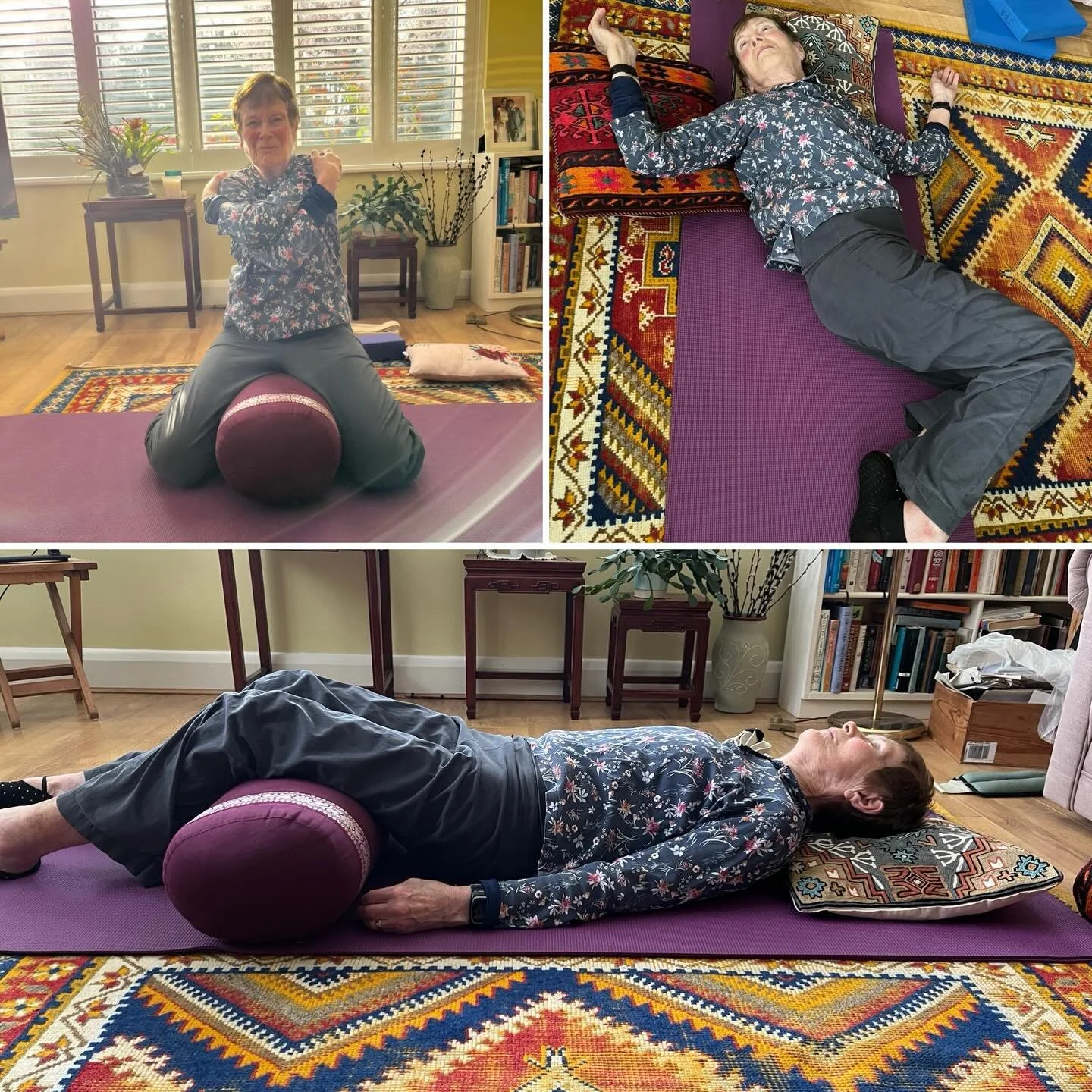 This is my fabulous student, Jill enjoying a private restorative session with me. She&rsquo;s 85 years young, and feels that group classes are a bit of a challenge for her these days, so I go to her instead and we have a fabulous time 💕. She&rsquo;s