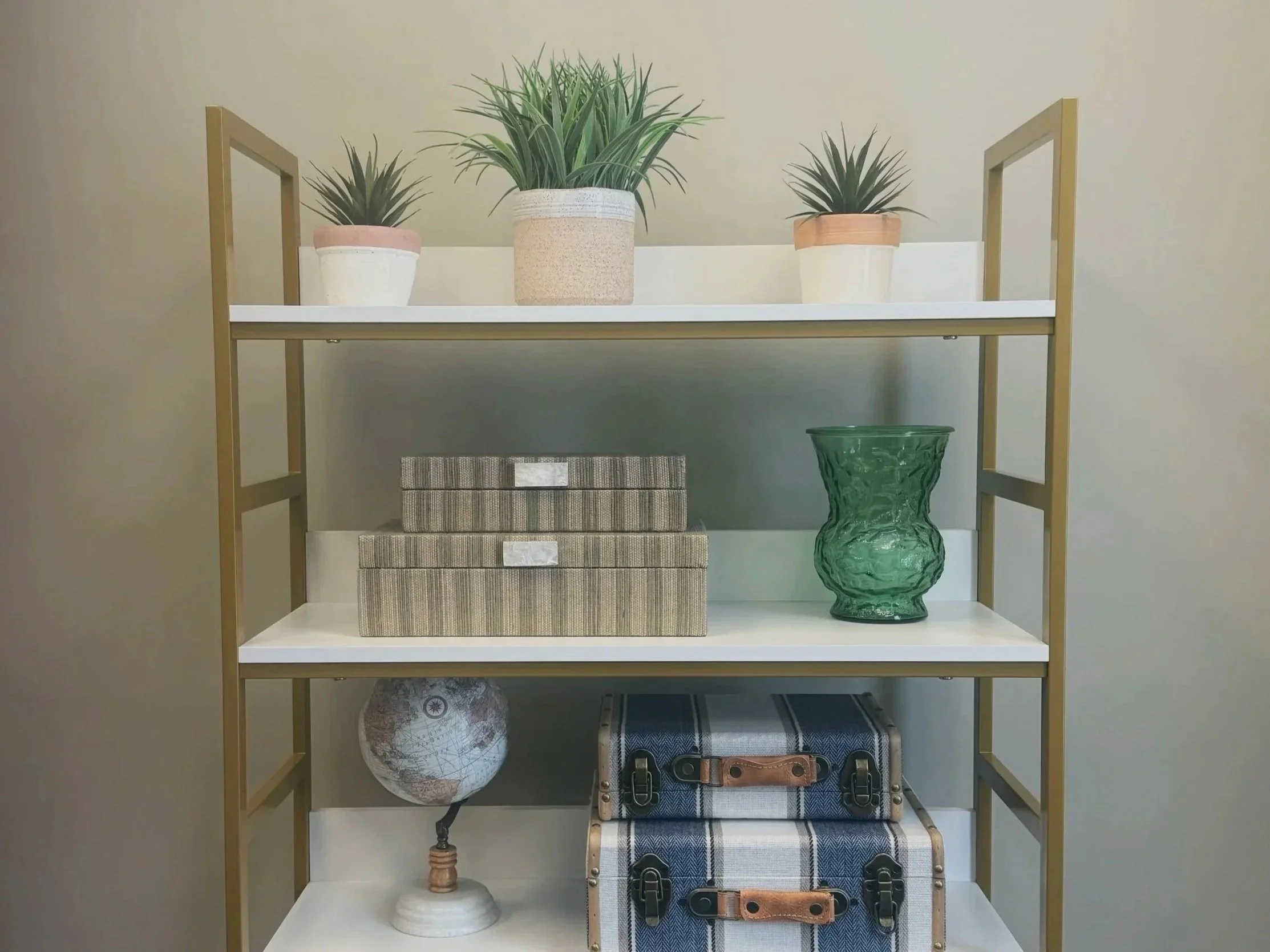 Decorative shelf in trauma-informed therapy office in Salt Lake City, UT